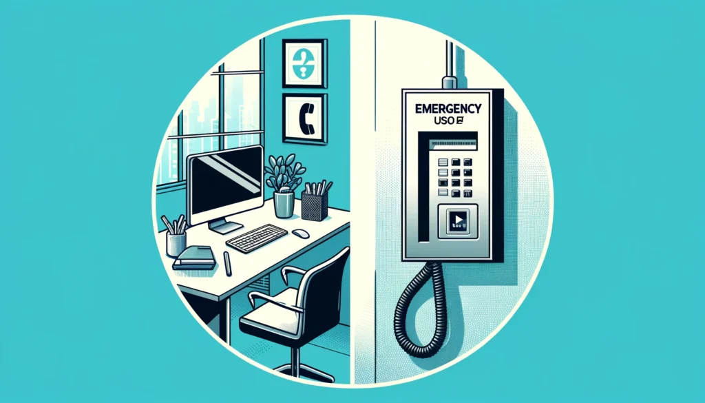 A graphic showing both a desk phone and an emergency elevator phone in shades of teal